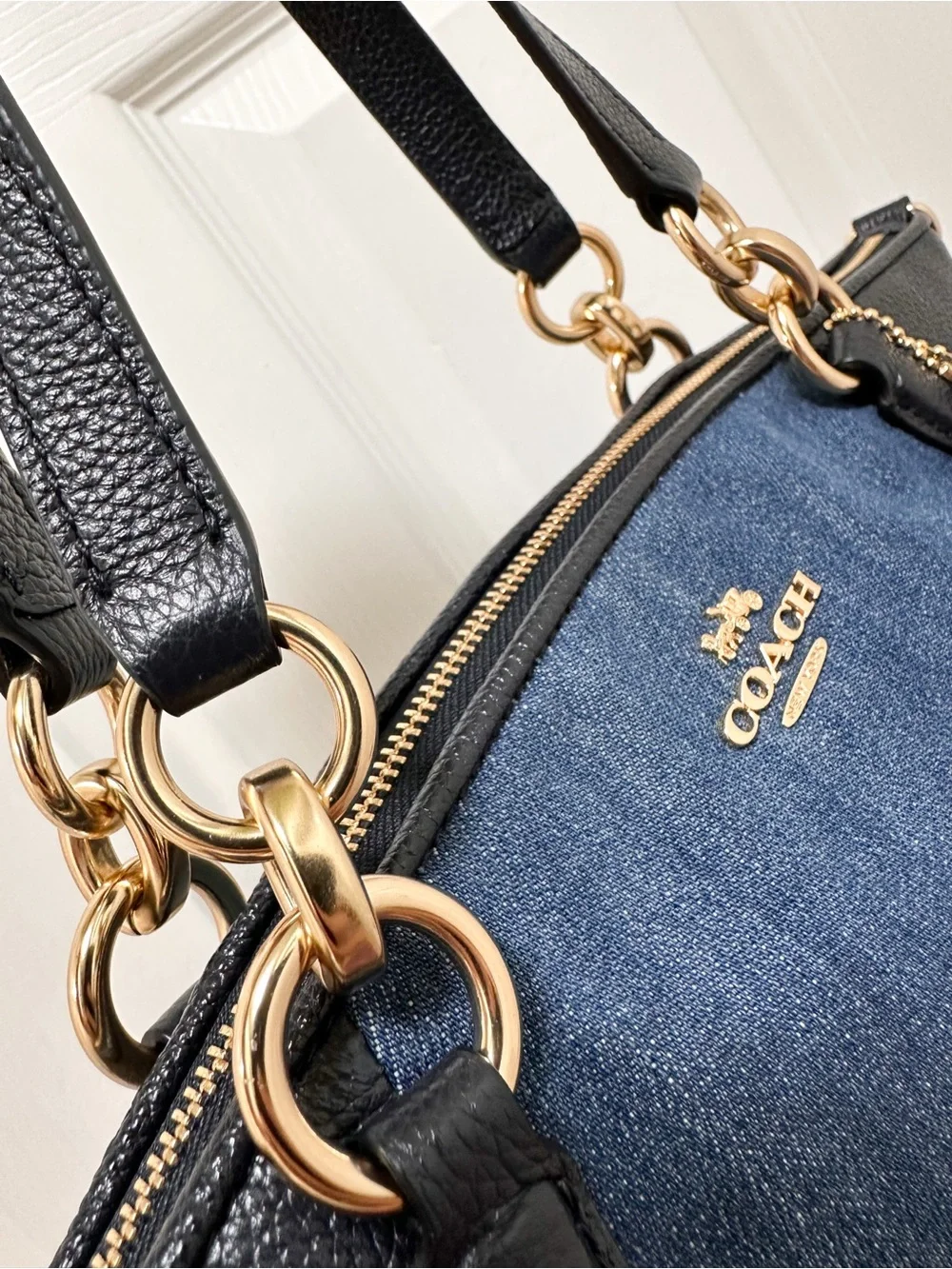 Coach Satchel Bag Kelsey‎ Denim Colorblock Black Pebbled Leather